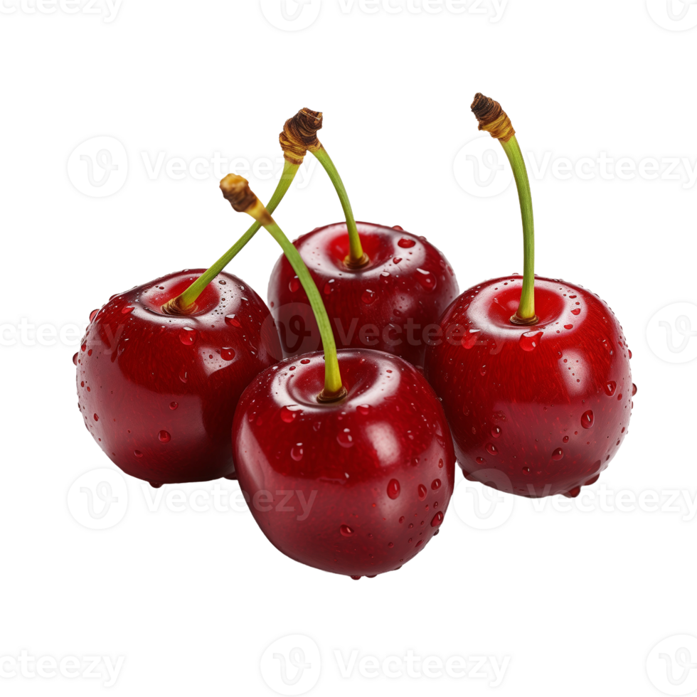 Fresh Red Cherries with Stems Isolated on Transparent Background. Concept of Juicy Summer Fruits and Healthy Eating. png