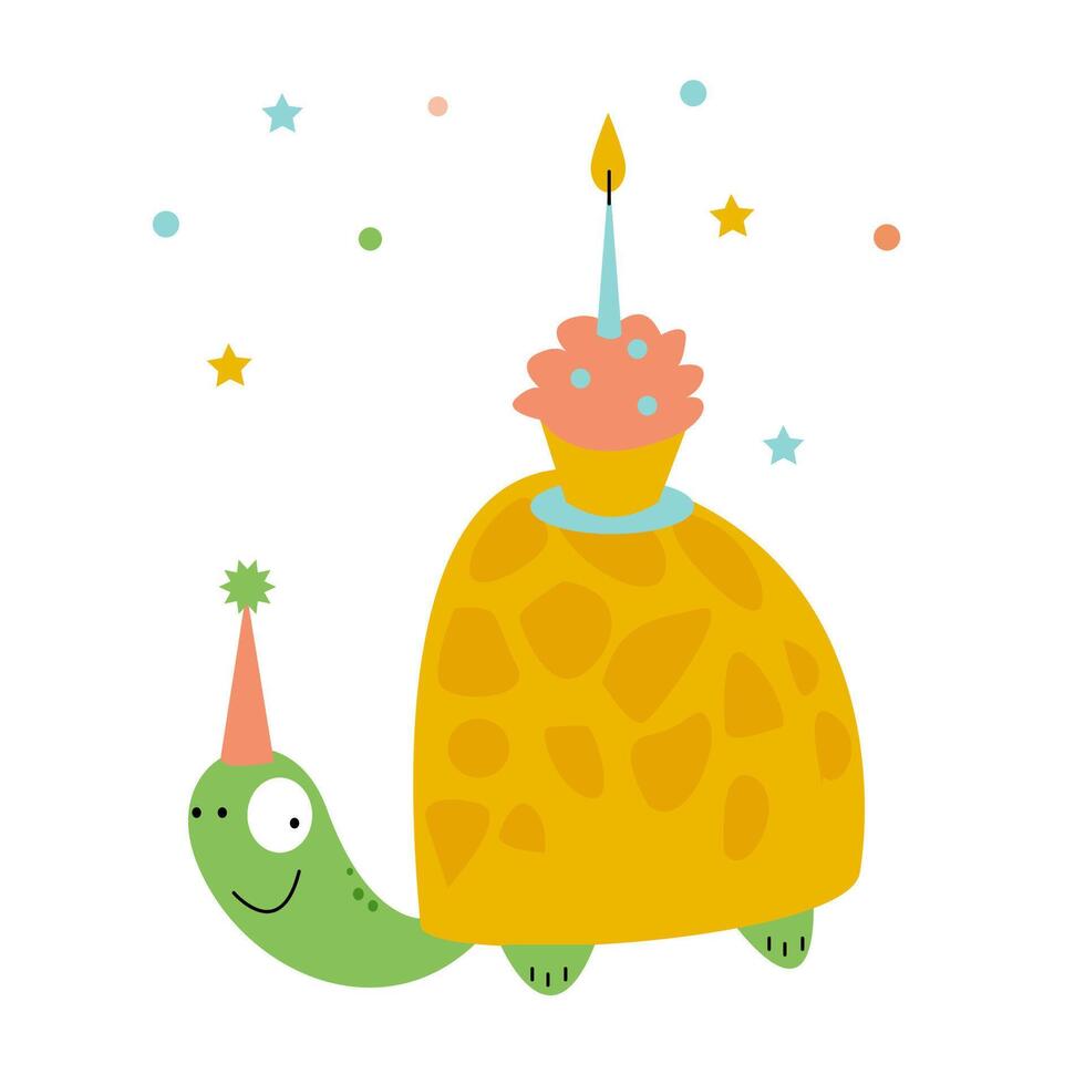 A funny turtle in a festive hat and a cupcake for the baby's birthday vector