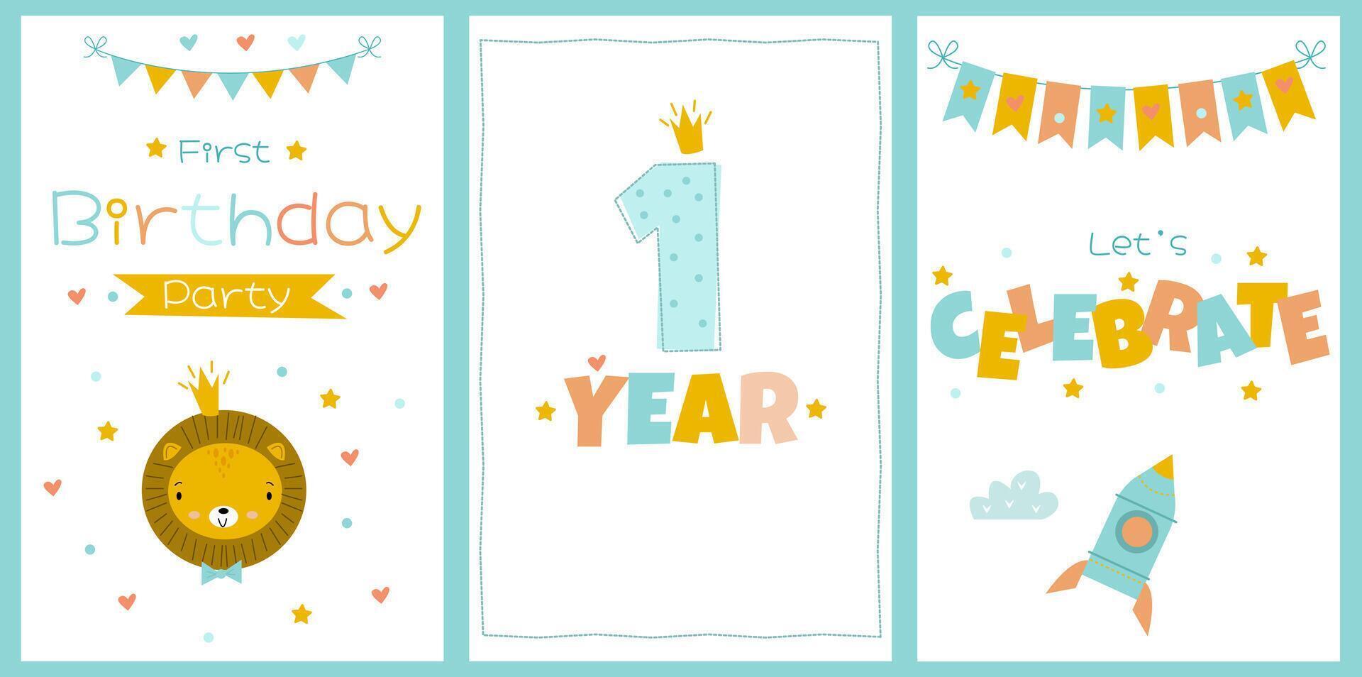 Set of cards to celebrate the first birthday with a cute lion cub, rocket, stars and crown vector