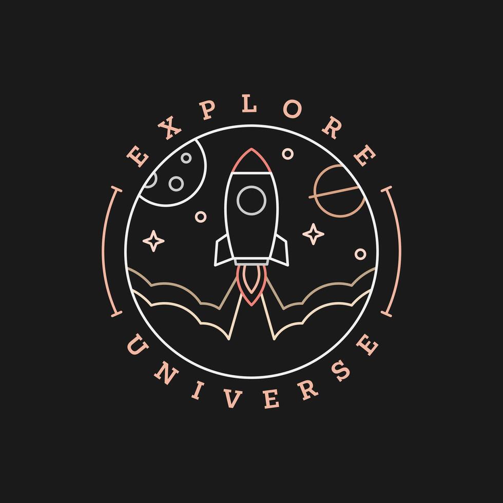 spaceship rocket illustration badge line art style vector