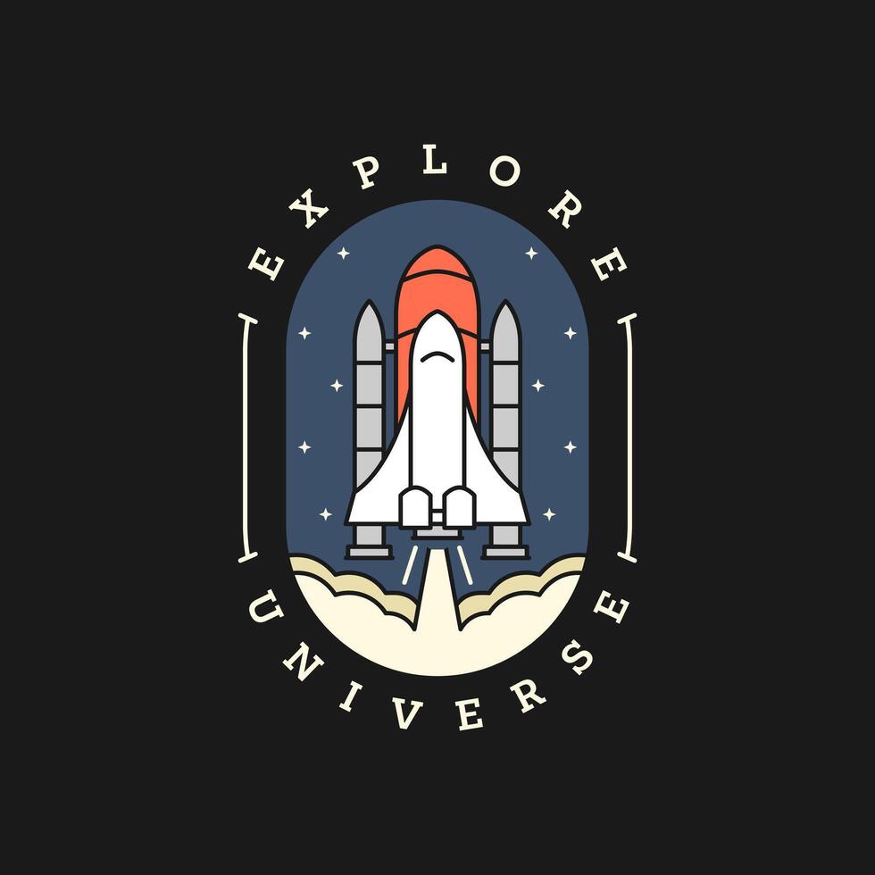spaceship illustration badge on black background vector