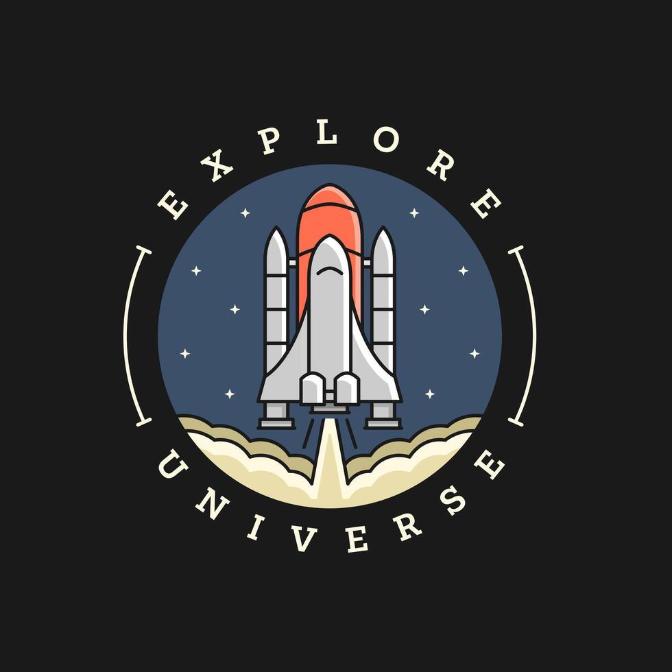 spaceship illustration badge on black background vector