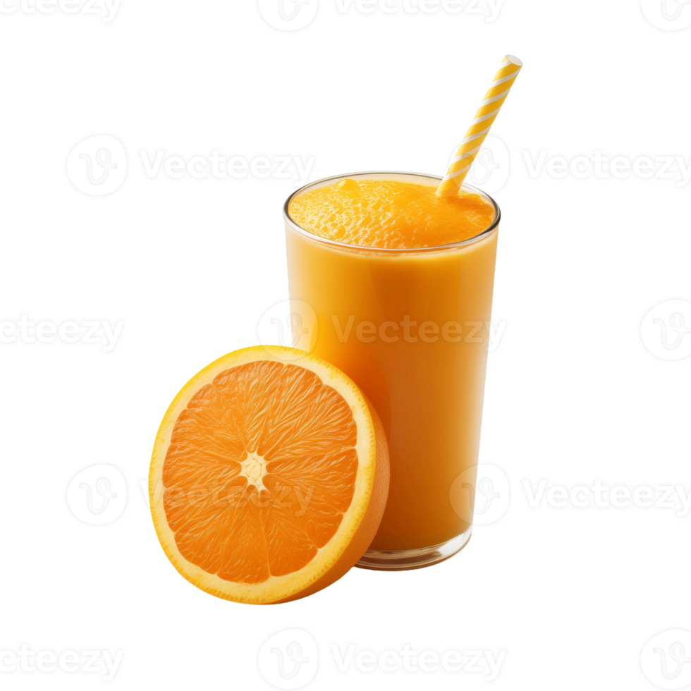 Glass of fresh orange juice with slice and straw isolated on a transparent background. Concept of refreshing drink and vitamin C. png