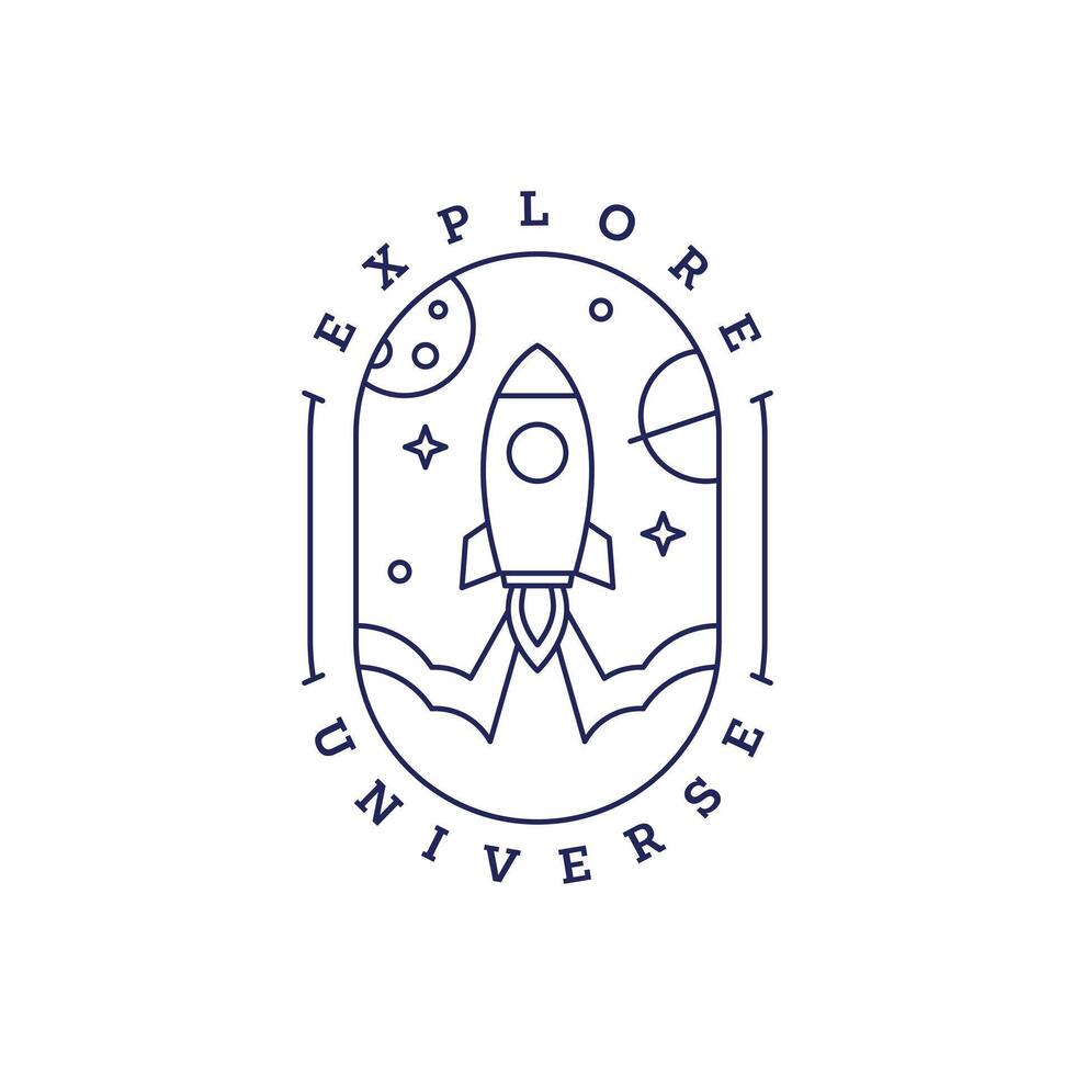 spaceship rocket illustration badge line art style vector