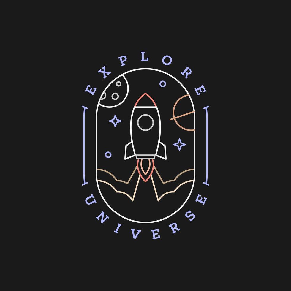 spaceship rocket illustration badge line art style vector