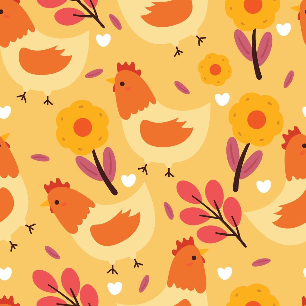 seamless pattern cartoon chicken and flower. cute wallpaper for textile, gift wrap paper vector