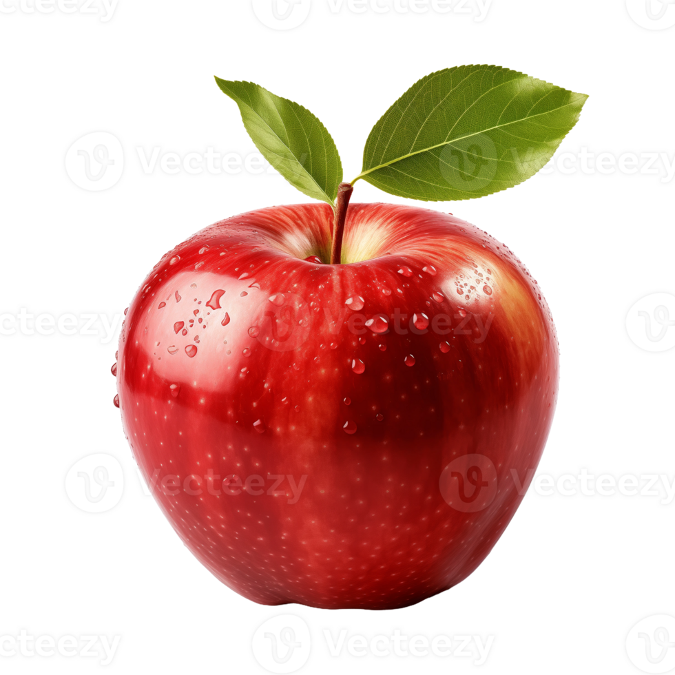 Shiny Red Apple with Leaves Isolated on Transparent Background. Concept of Fresh Fruit and Healthy Eating. png