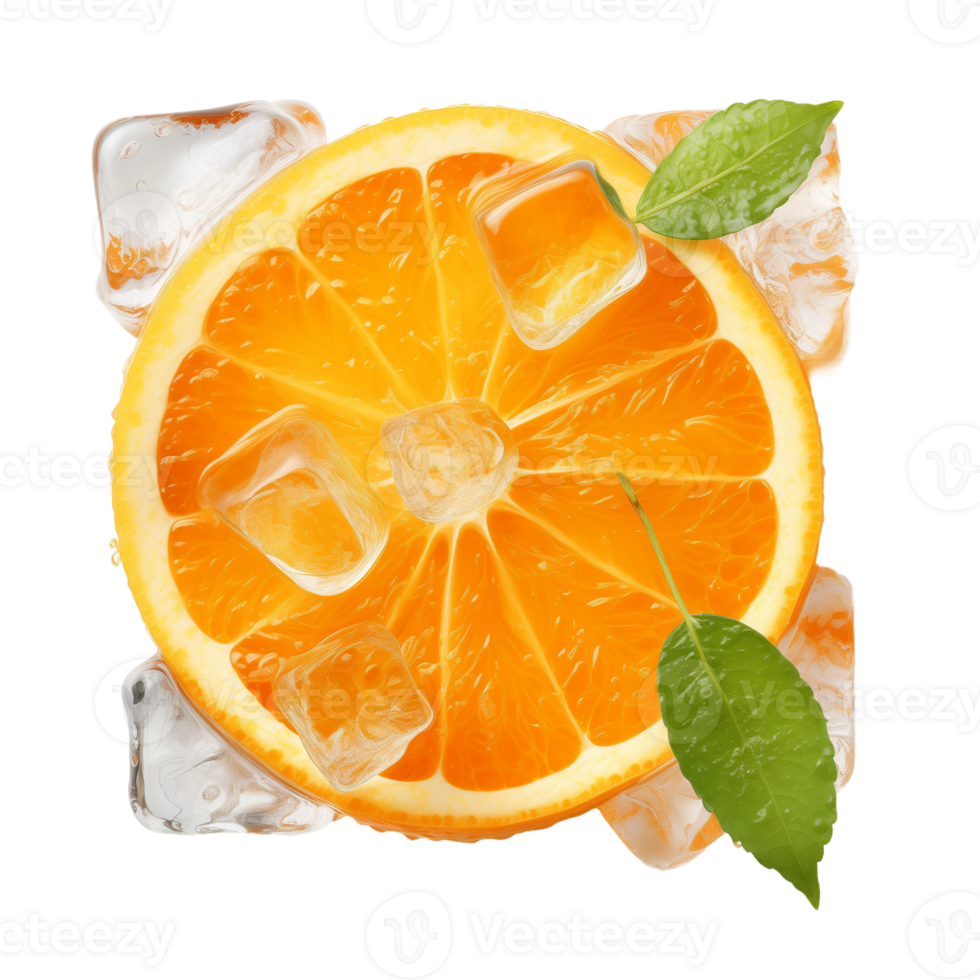 Orange Slice with Ice Cubes Isolated on Transparent Background. Concept of Refreshing Citrus and Cool Summer Drinks. png