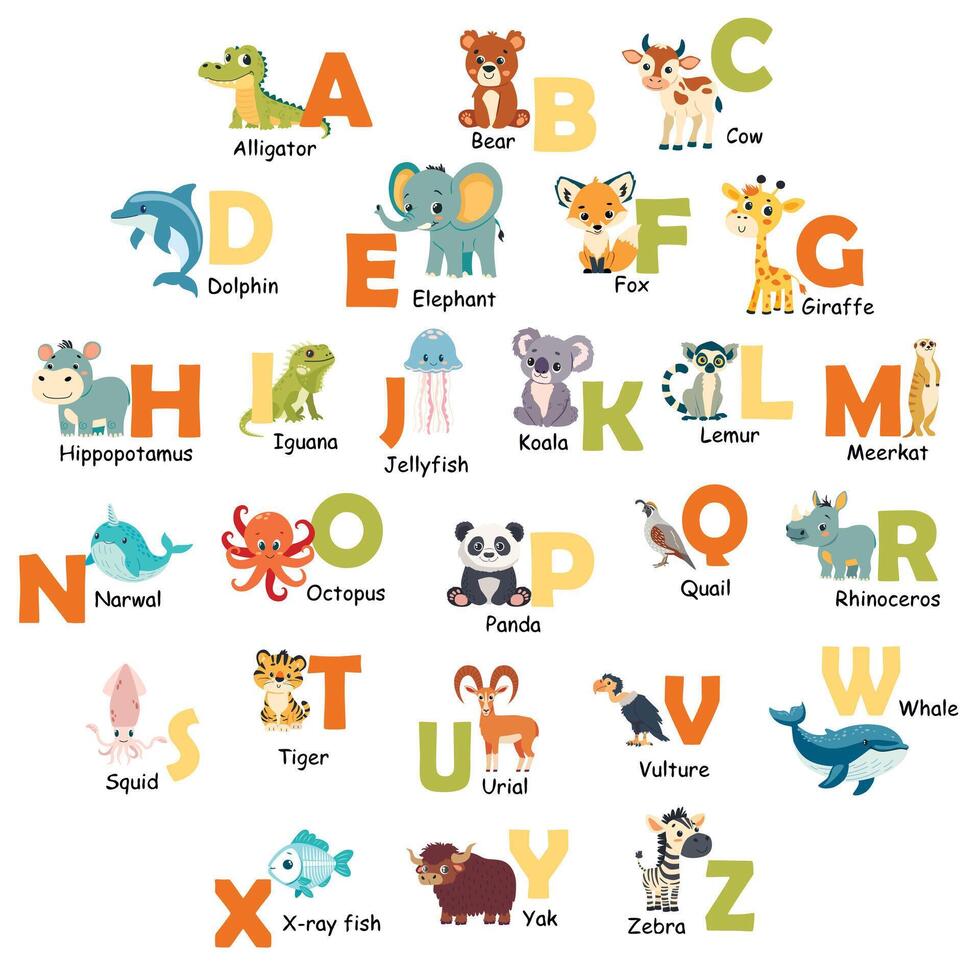 Colorful zoo alphabet for children with cute animals. Cartoon letters from A to Z isolated illustration. Preschool and school education concept vector