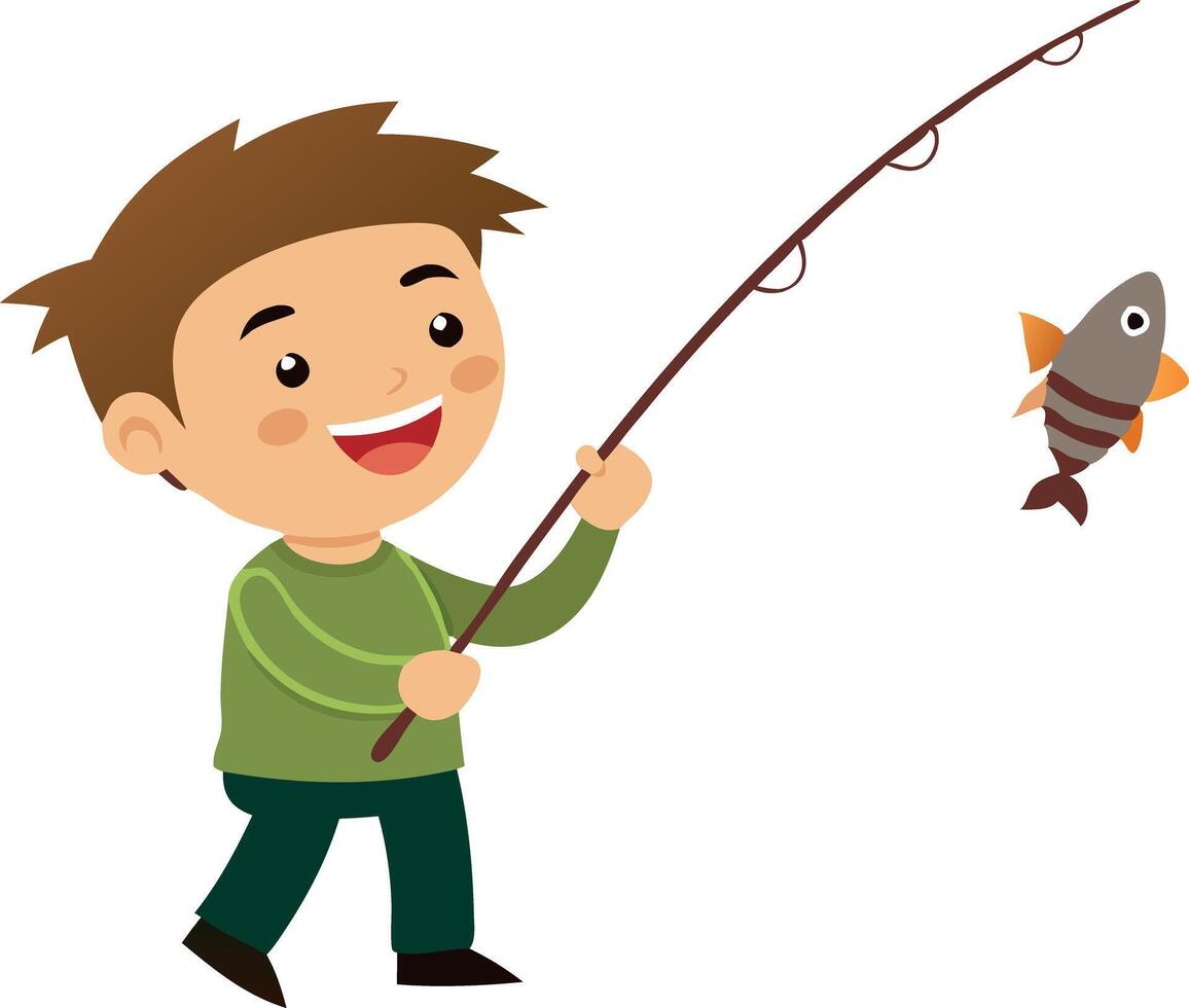 Smiling boy fishing with a rod, catching a fish illustration of outdoor activity fun vector