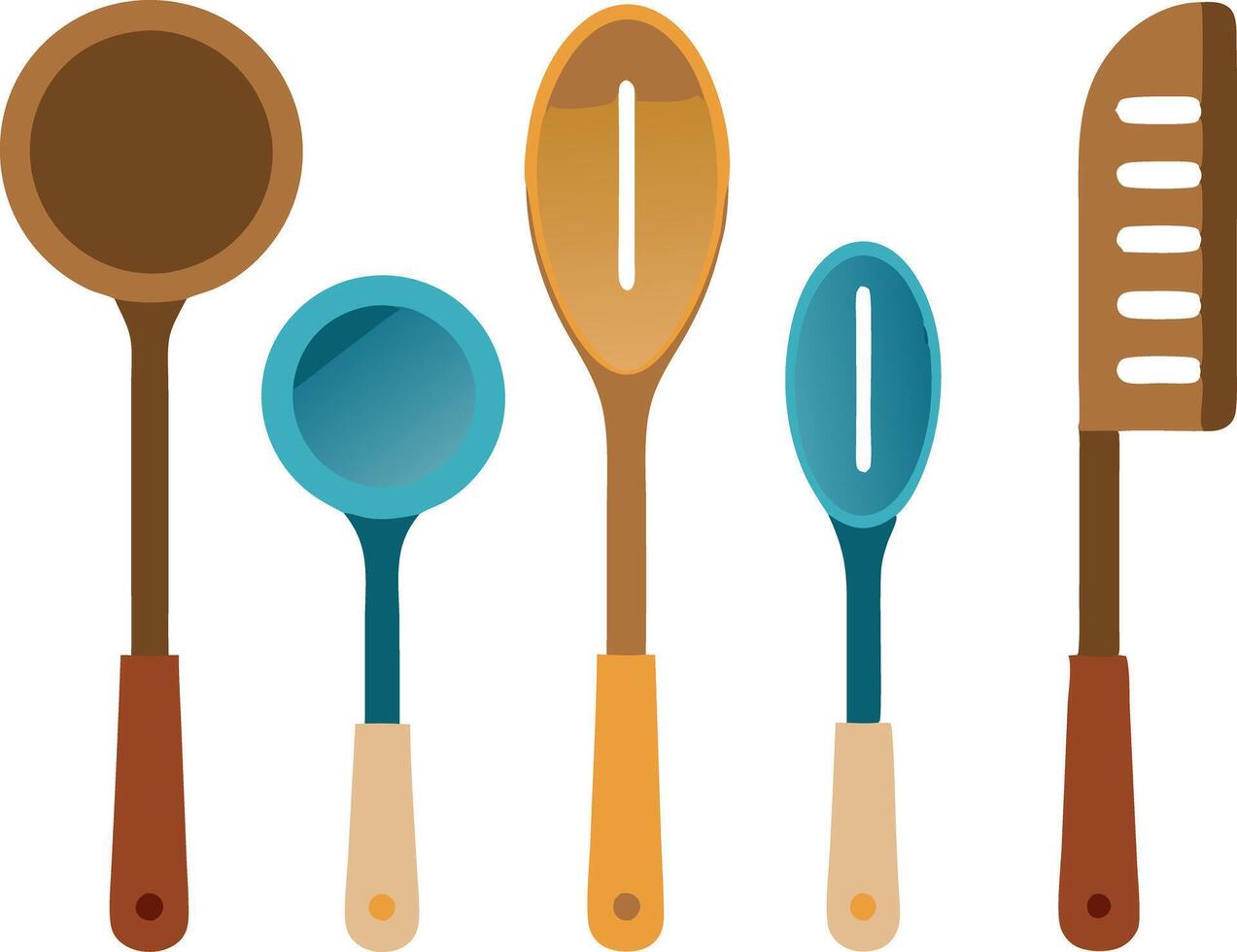 Set of modern kitchen utensils in various colors for cooking and baking vector