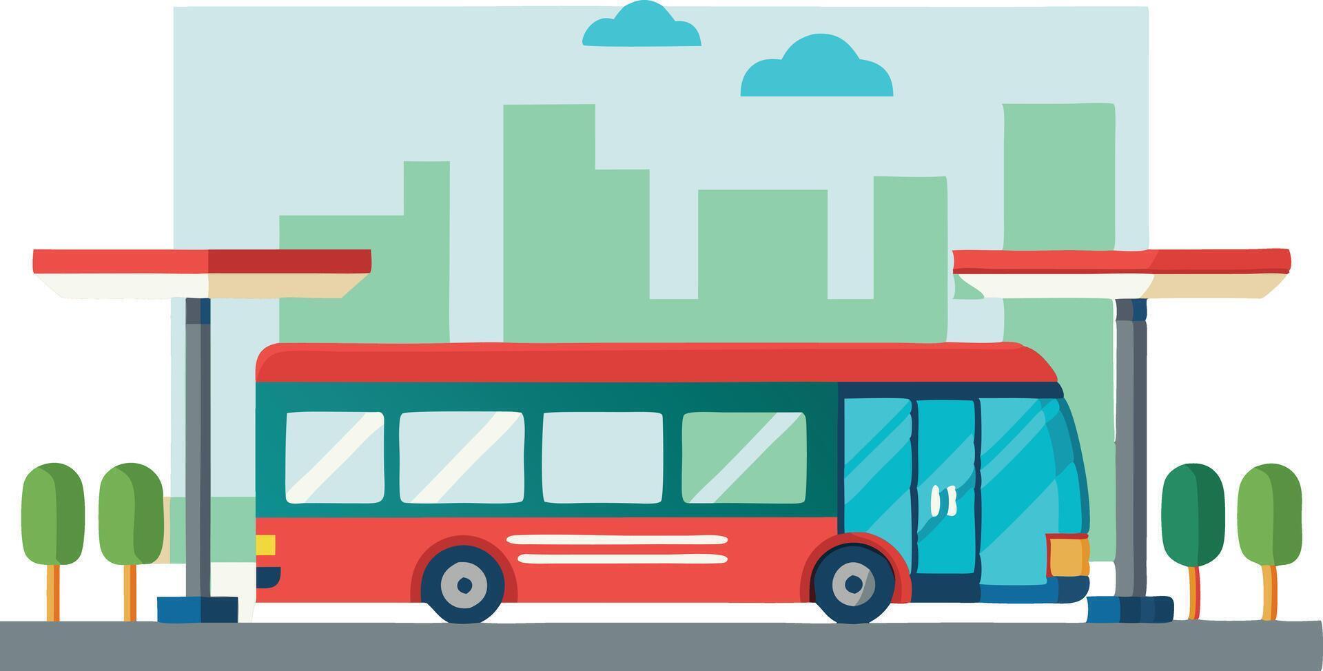 Illustration of red bus at a city bus stop with modern buildings in the background vector