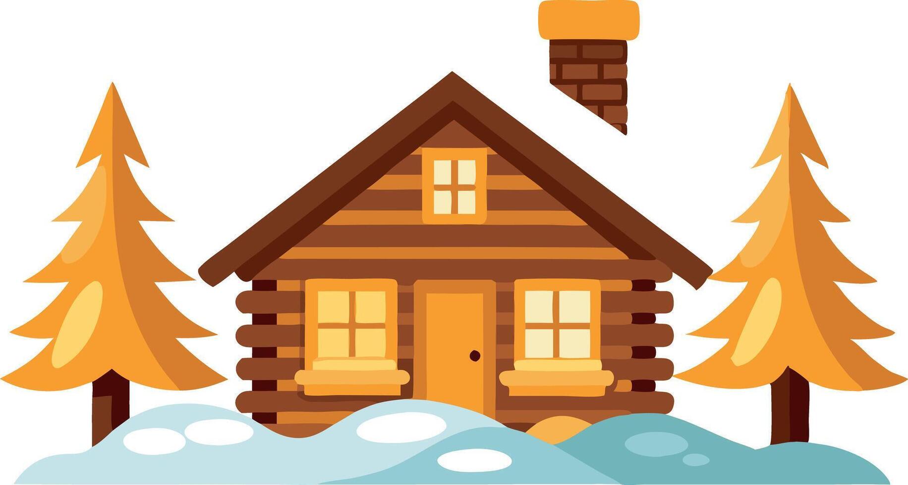 Cozy winter cabin illustration with snow and pine trees on white background vector