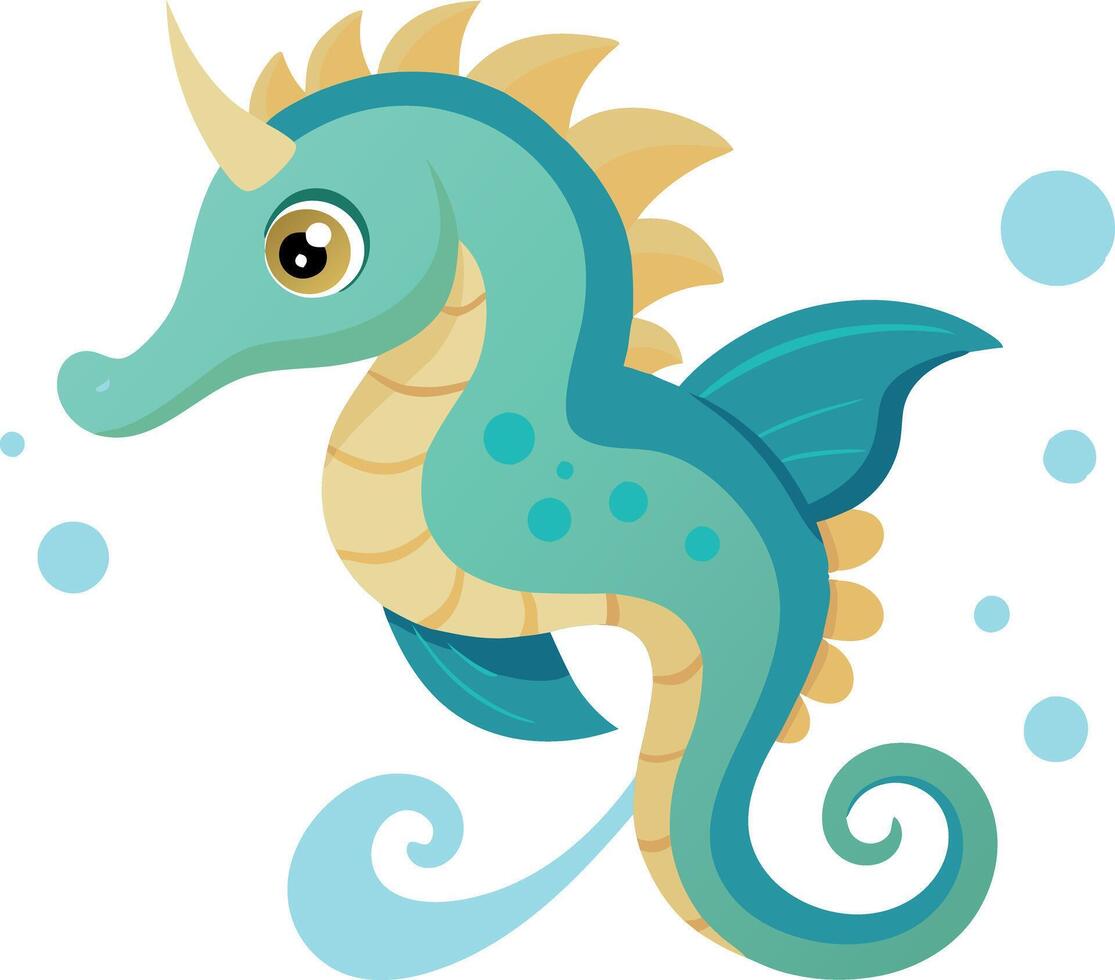 Colorful cartoon seahorse illustration with playful bubbles and whimsical design vector