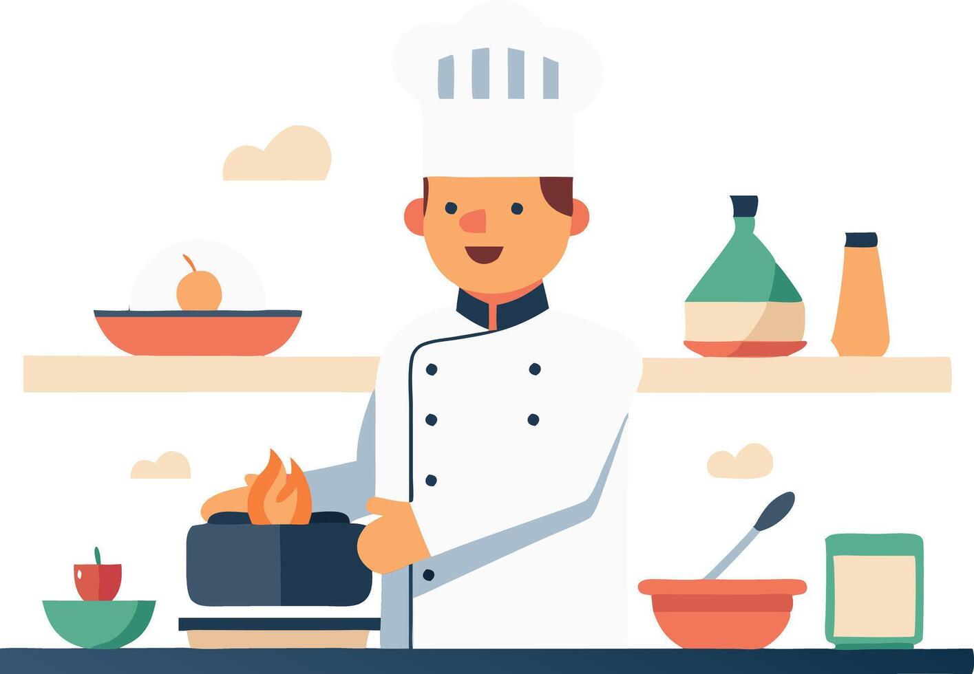 Chef cooking in a kitchen with ingredients and utensils vector