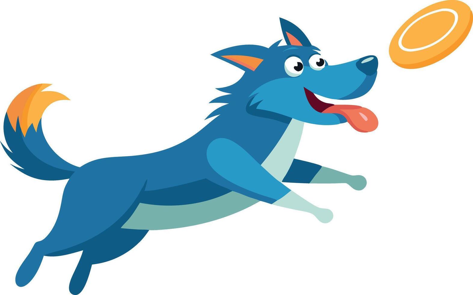 Cartoon dog playing with a frisbee in mid-air illustration on a white background vector