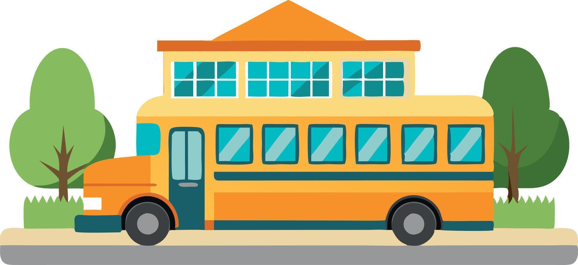 Illustration of a school bus parked outside a school building with trees vector