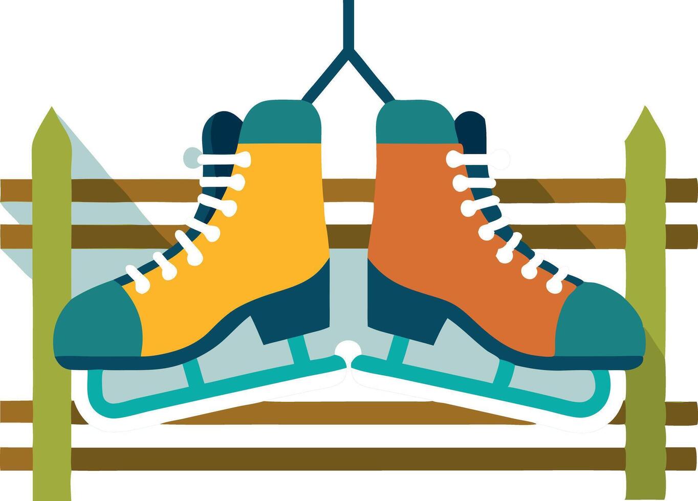 Colorful ice skates hanging on a wooden fence in winter scene vector