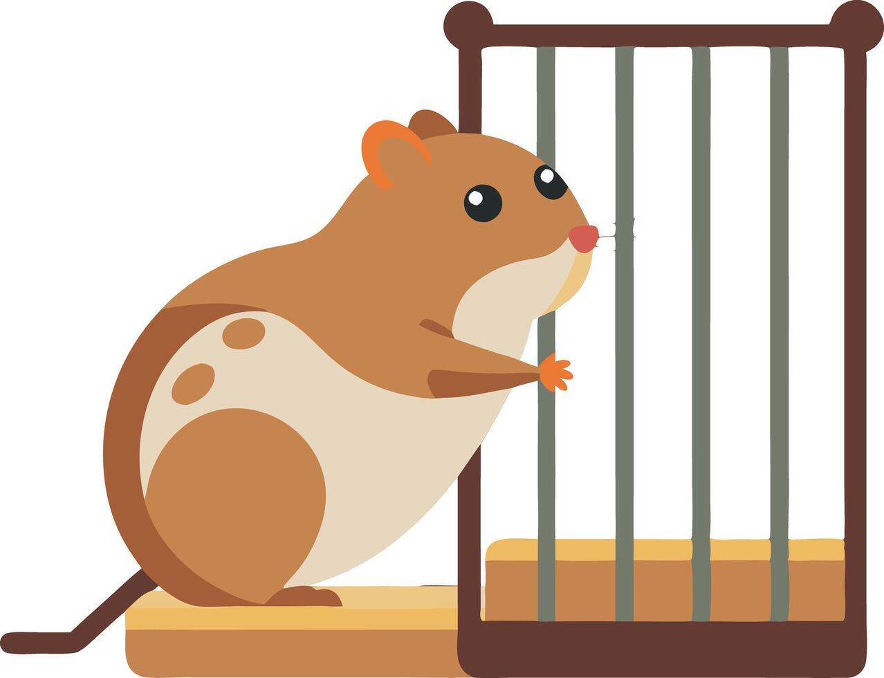Illustration of a cute hamster standing next to its cage in a flat design style vector