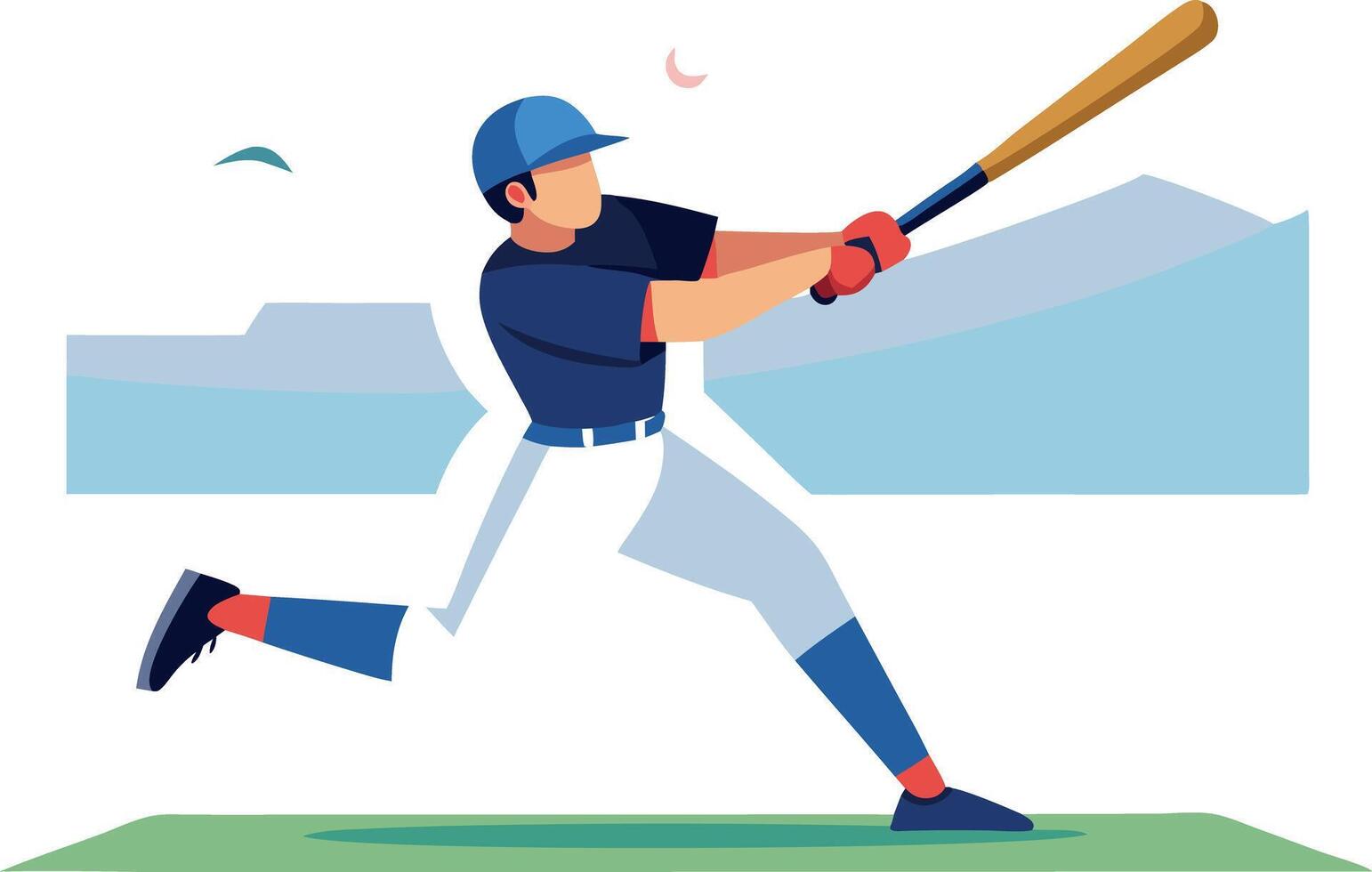 Illustration of a baseball player swinging a bat outdoors with mountains in the background vector