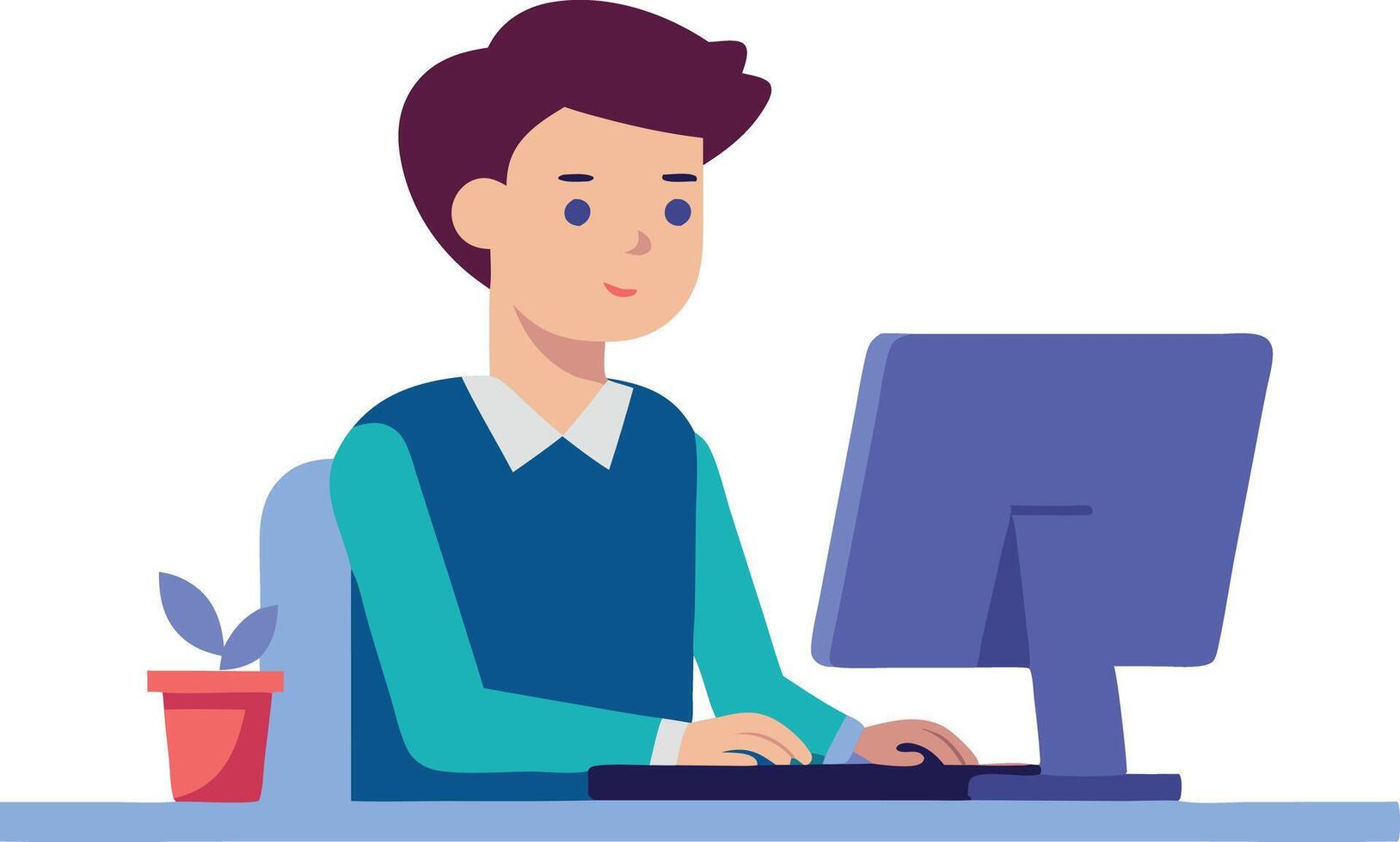 Illustration of a man working at a computer desk with a plant vector