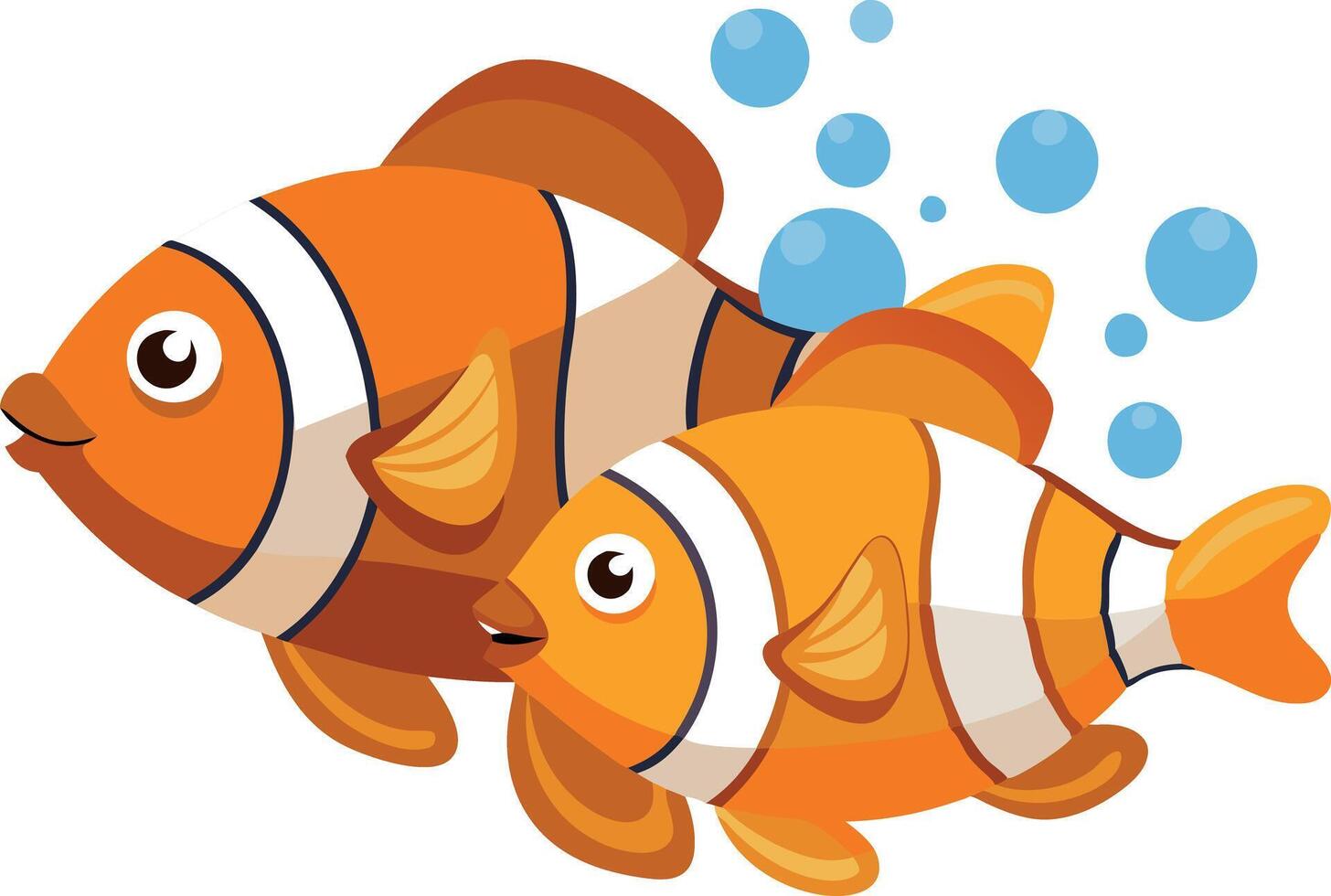 Colorful illustration of two cartoon clownfish swimming with bubbles on a white background vector