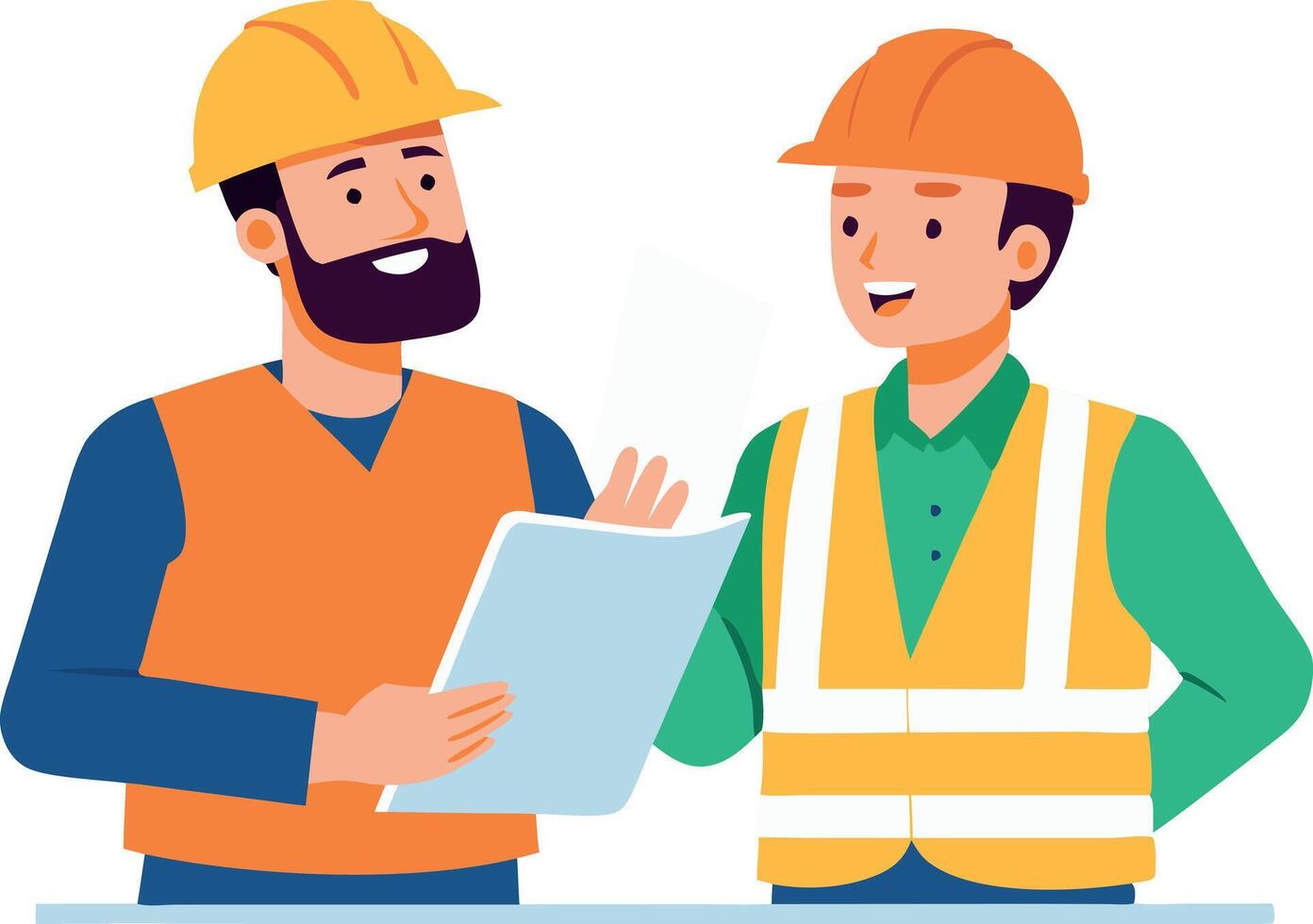 Construction workers discussing blueprints at a building site vector