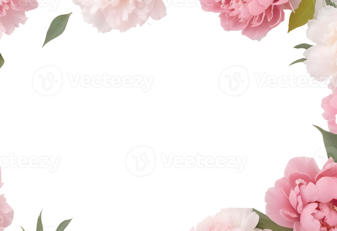 Floral frame with pink peonies and green leaves. Isolated on transparent background. Romantic and elegant border for design projects. png