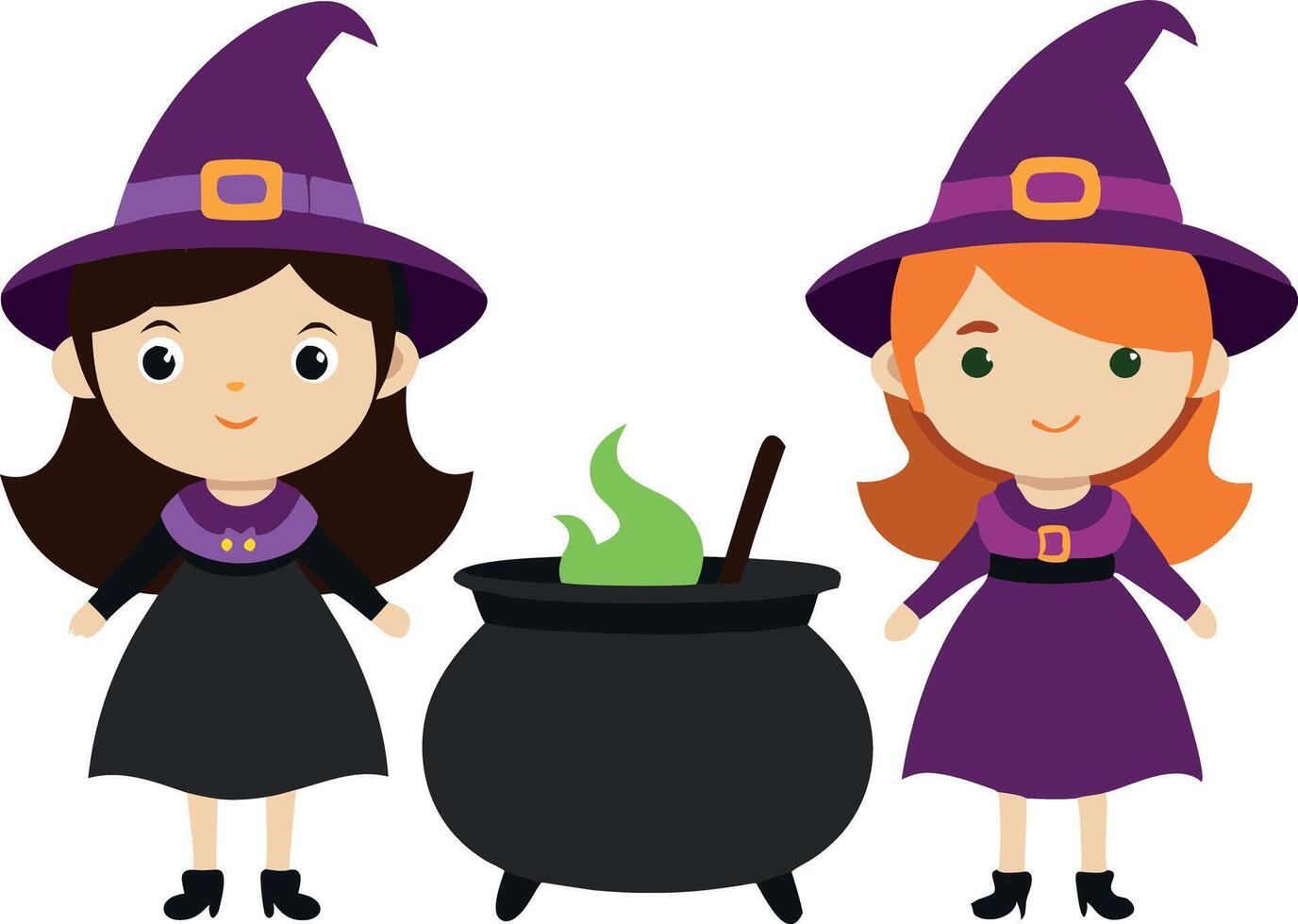Two girls dressed as witches with a cauldron vector