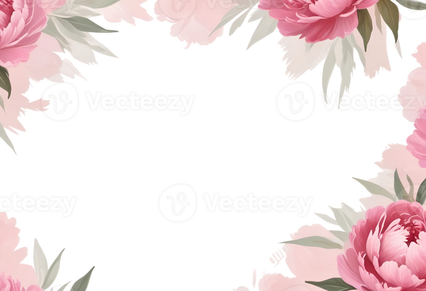 Floral frame with pink peonies and green leaves. Isolated on transparent background. Romantic and elegant border for design projects. png