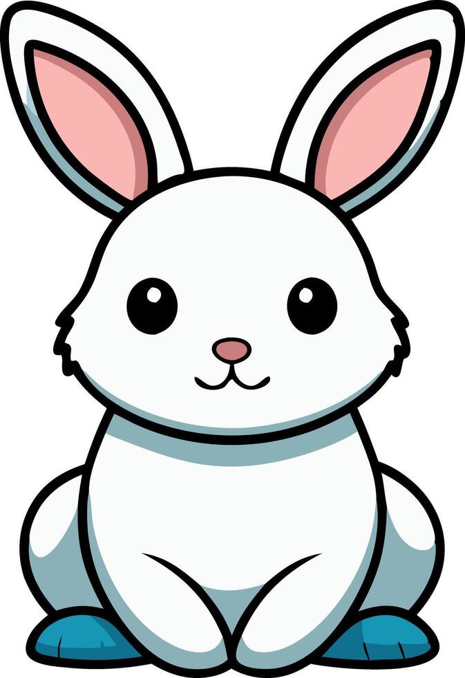 Cute cartoon white rabbit with pink ears sitting on a white background, adorable animal illustration vector
