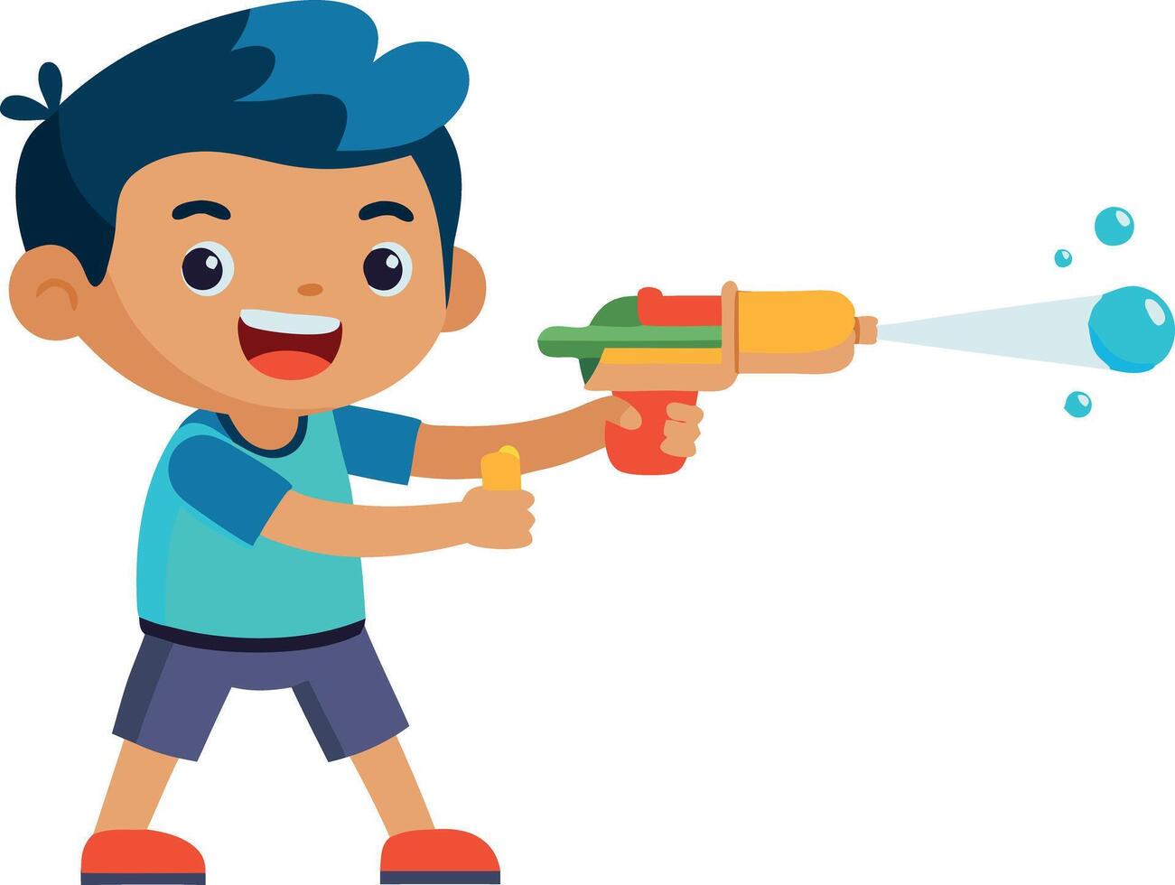 Illustration of a happy boy playing with a water gun, having fun outdoors vector