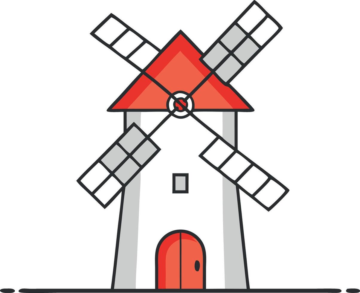 Cartoon illustration of a windmill with red roof and white walls on a white background vector