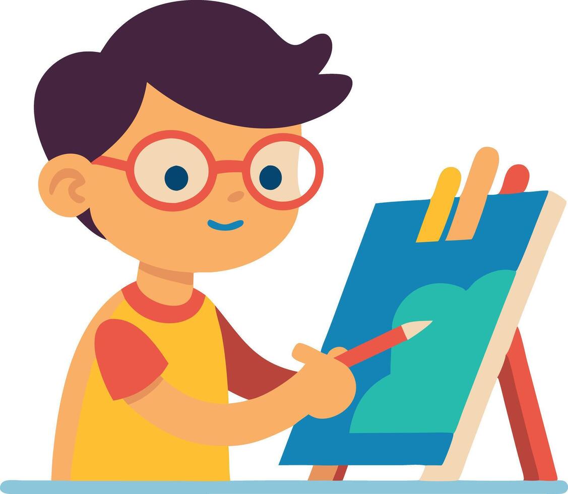 Child drawing a colorful picture on an easel. Creative artistic activity with happy young artist. vector