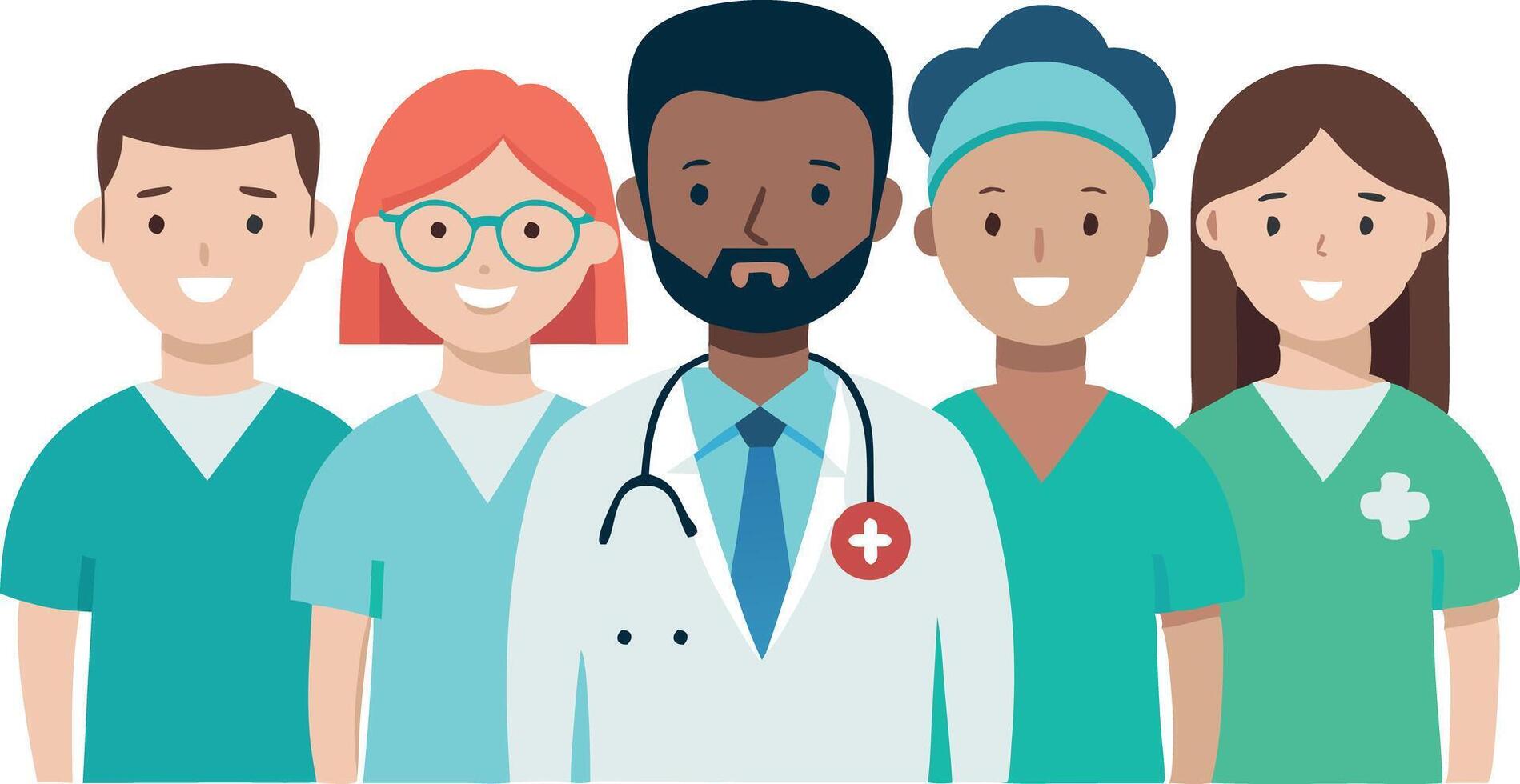 Illustration of a diverse medical team with doctor and nurses in healthcare uniforms vector