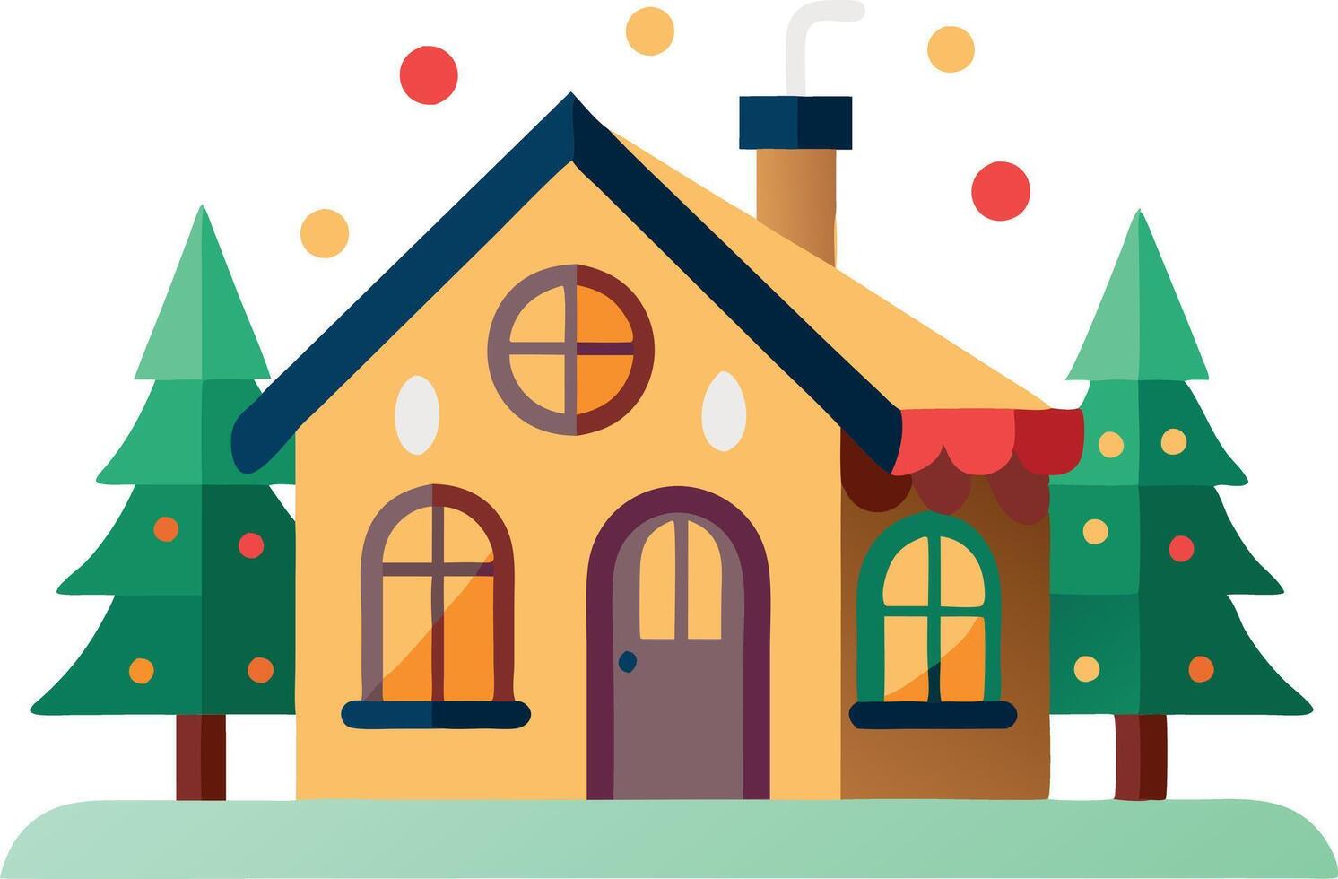 Colorful illustration of a festive house with Christmas trees and decorations vector