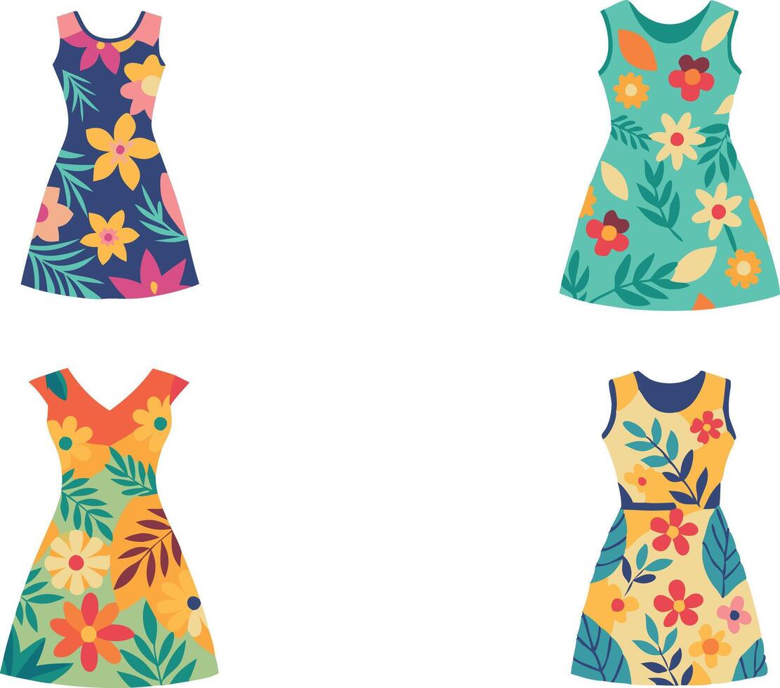 Colorful floral dresses with different patterns and vibrant designs vector