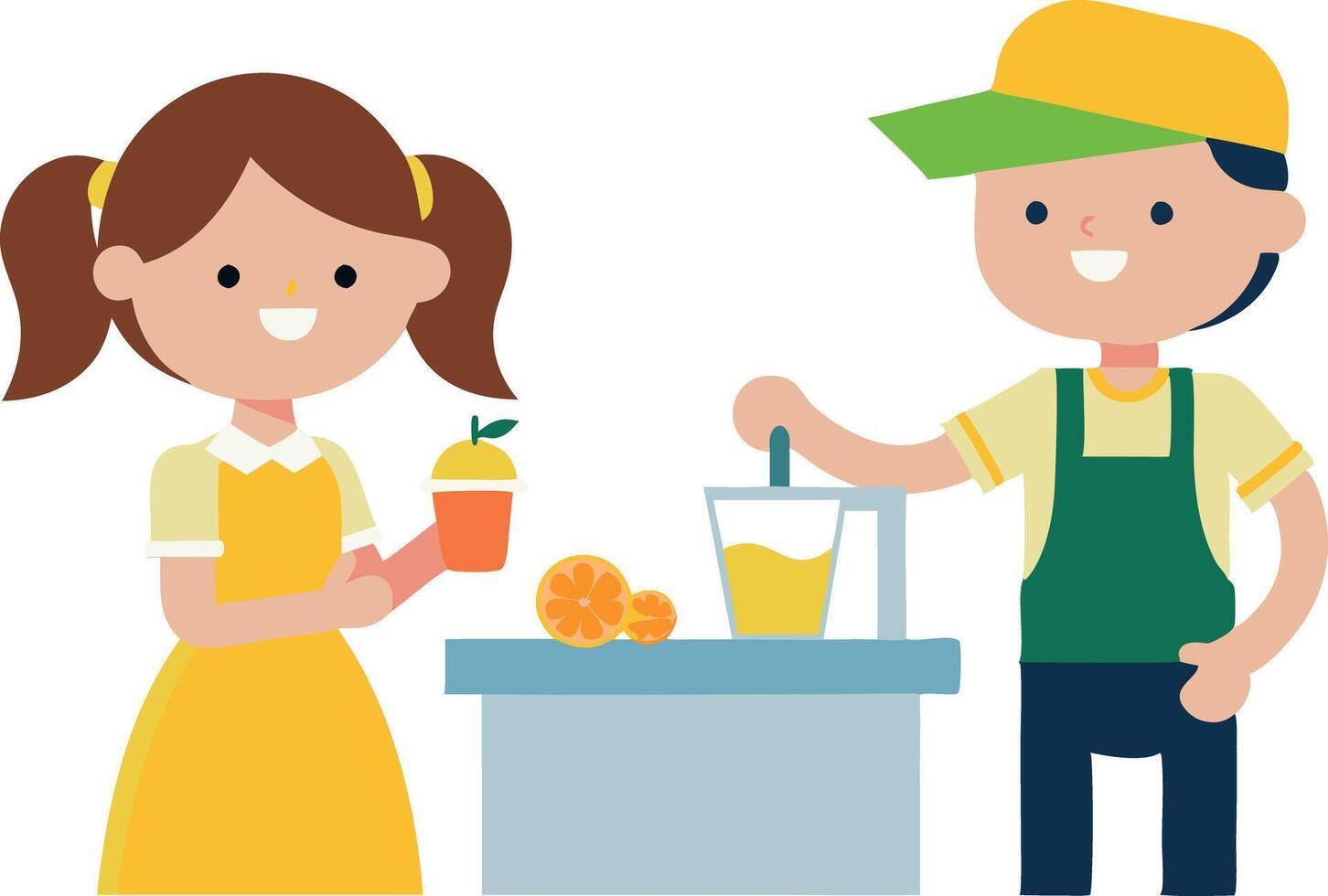 Cartoon illustration of kids running a lemonade stand, selling fresh juice with smiles vector