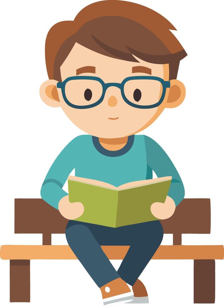Cartoon boy reading book while sitting on bench isolated on white background vector