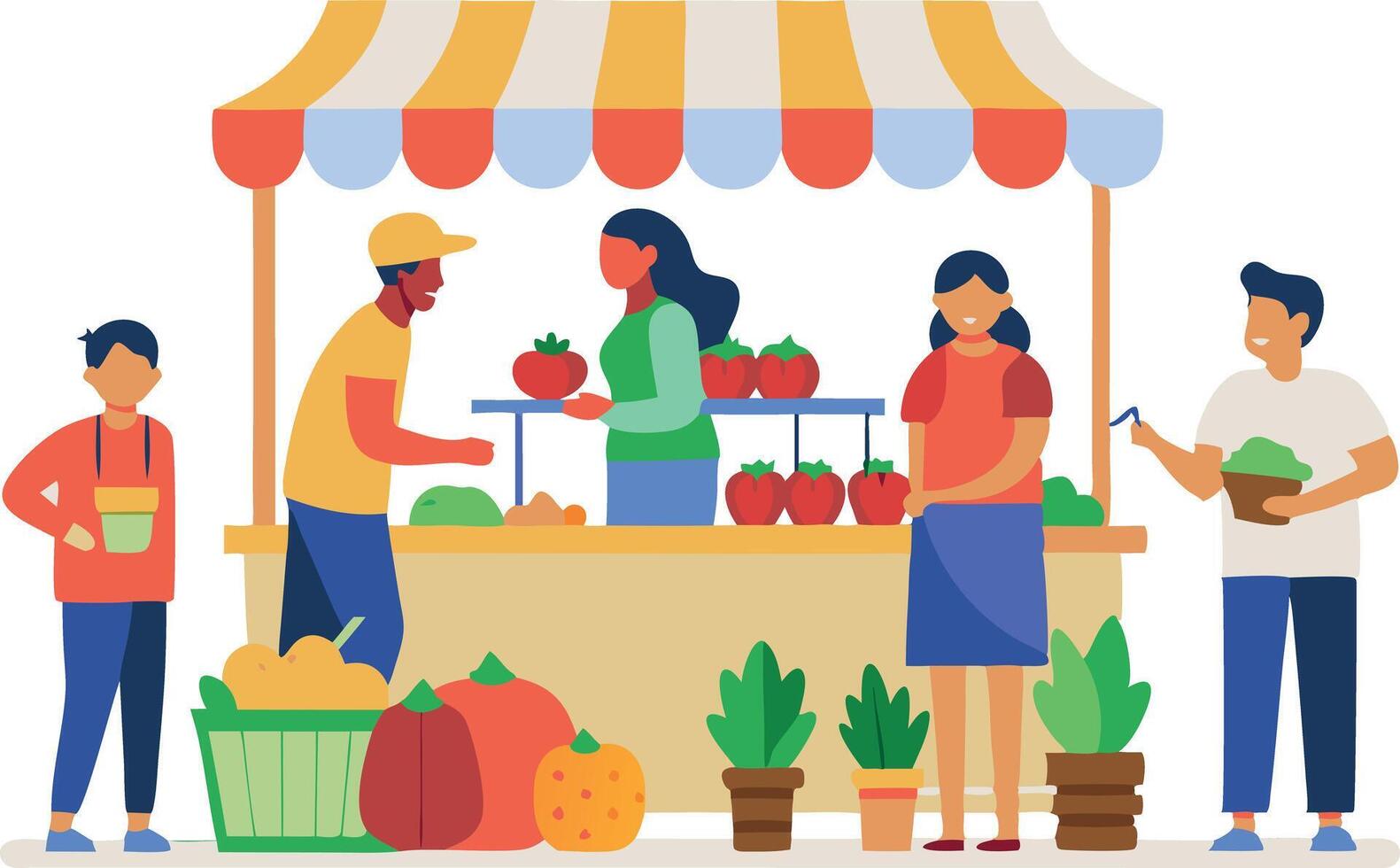 People buying fresh produce at a local farmers market with vibrant colors vector