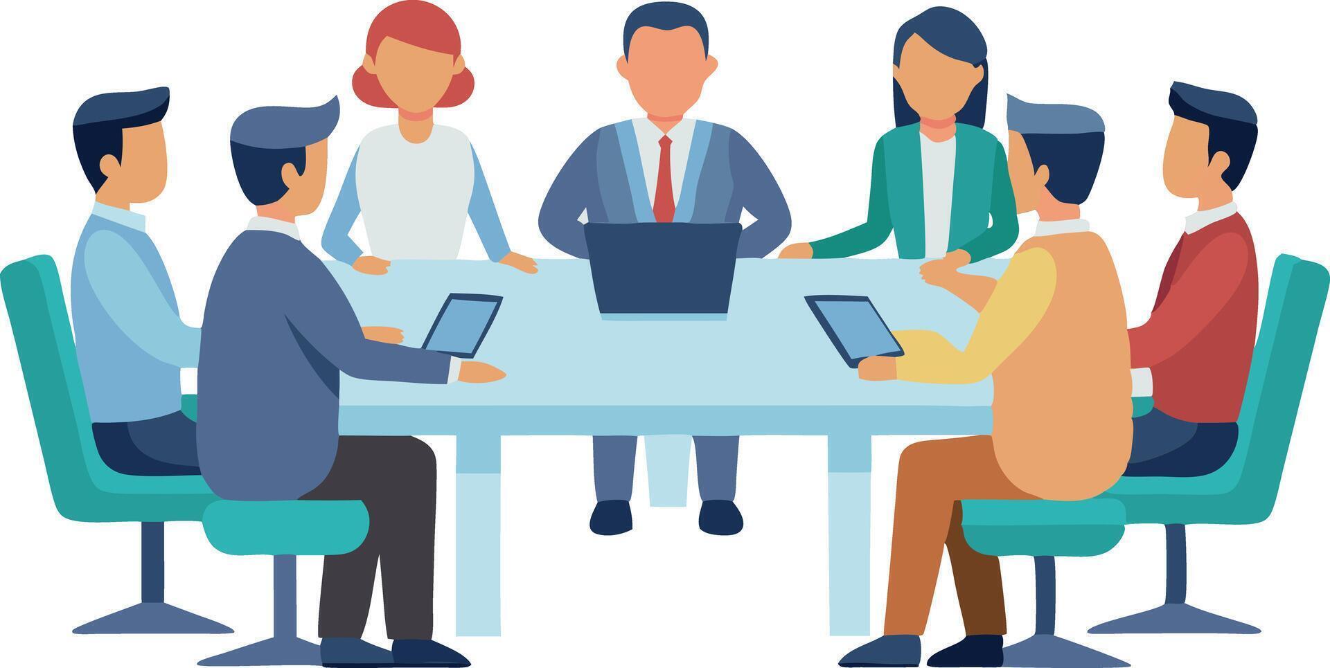 Business meeting with diverse team using laptops and tablets in modern office vector