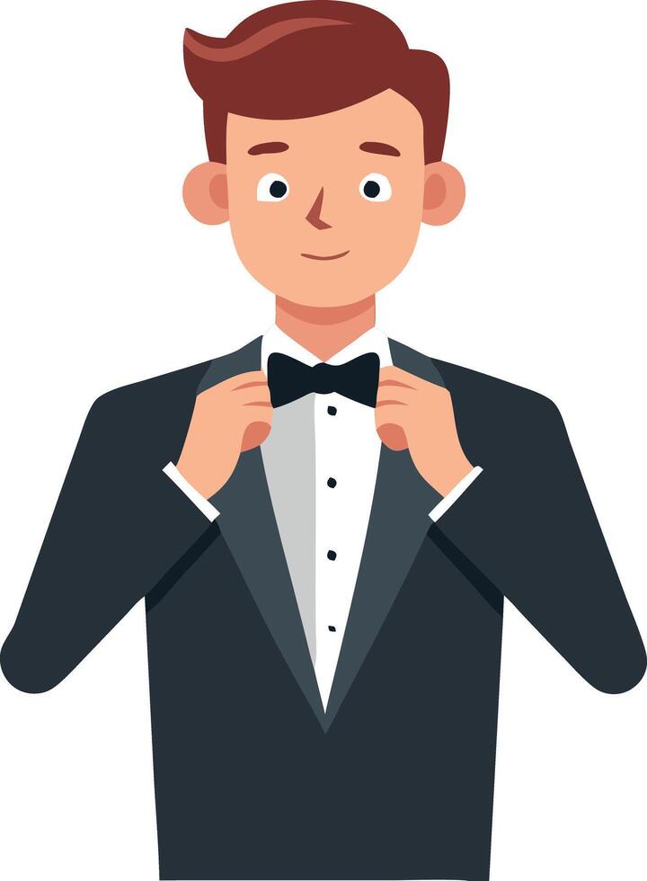 Cartoon man in a tuxedo adjusting his bowtie for a formal event vector