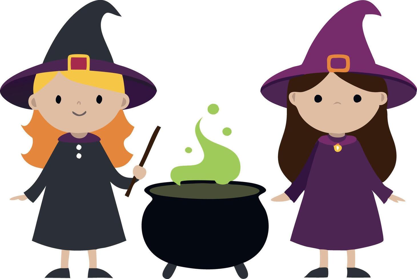 Two girls dressed as witches with a cauldron vector
