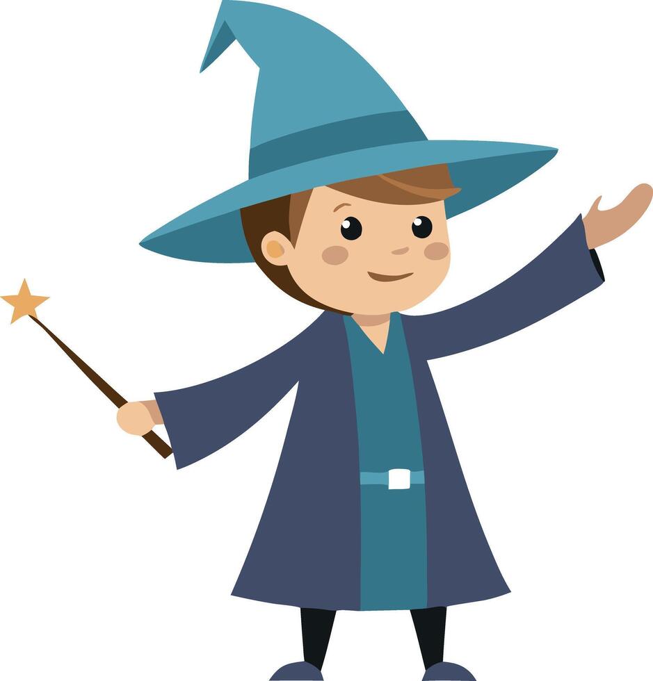 Boy dressed as a wizard holding a wand vector