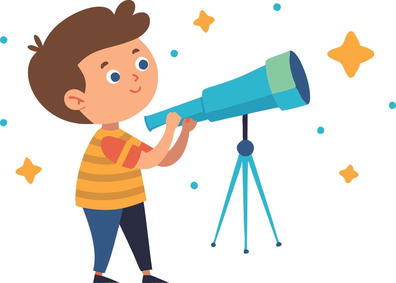 Cartoon boy looking through telescope exploring stars and space vector