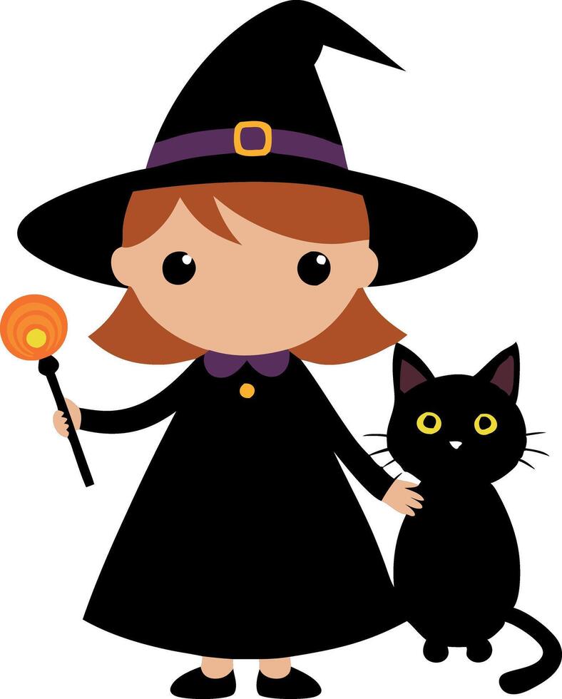 Girl dressed as a witch with a black cat vector