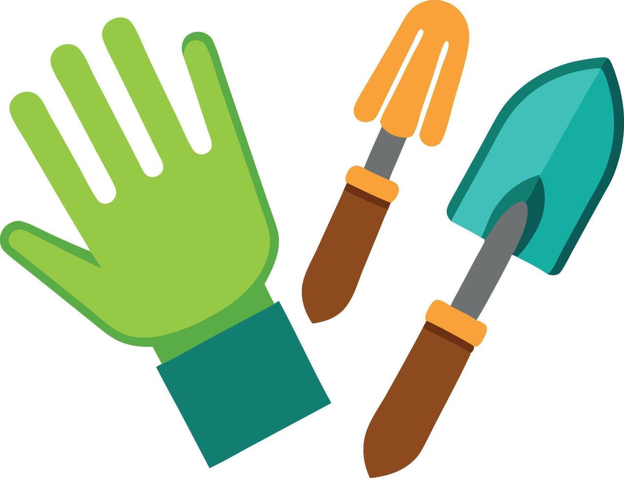 Illustration of gardening tools including glove, trowel, and fork on white background vector