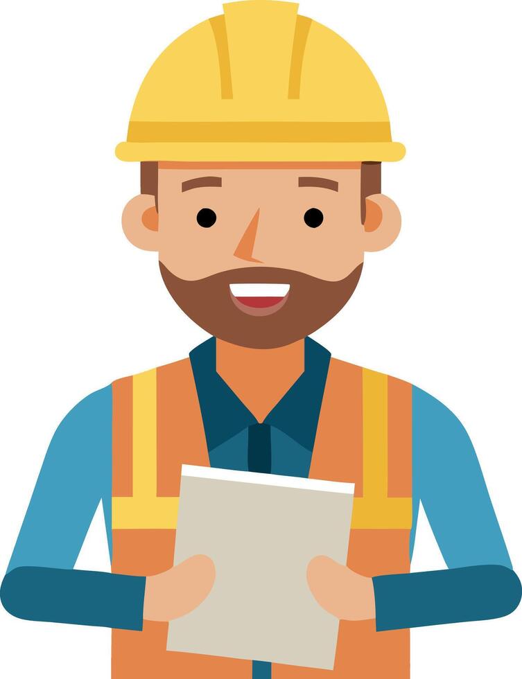 Smiling cartoon construction worker holding a clipboard wearing a safety helmet and vest vector