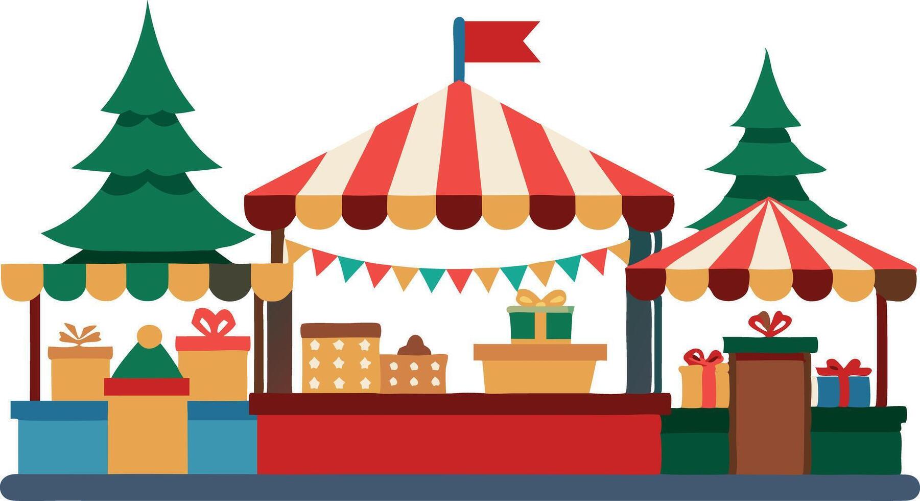 Festive Christmas market scene with decorated stalls and Christmas trees vector