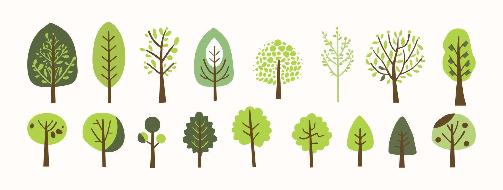 Tree and leaf collection hand drawn flat design element. botanical set of bare trees and ones with leaves and lush limited pastel color vector